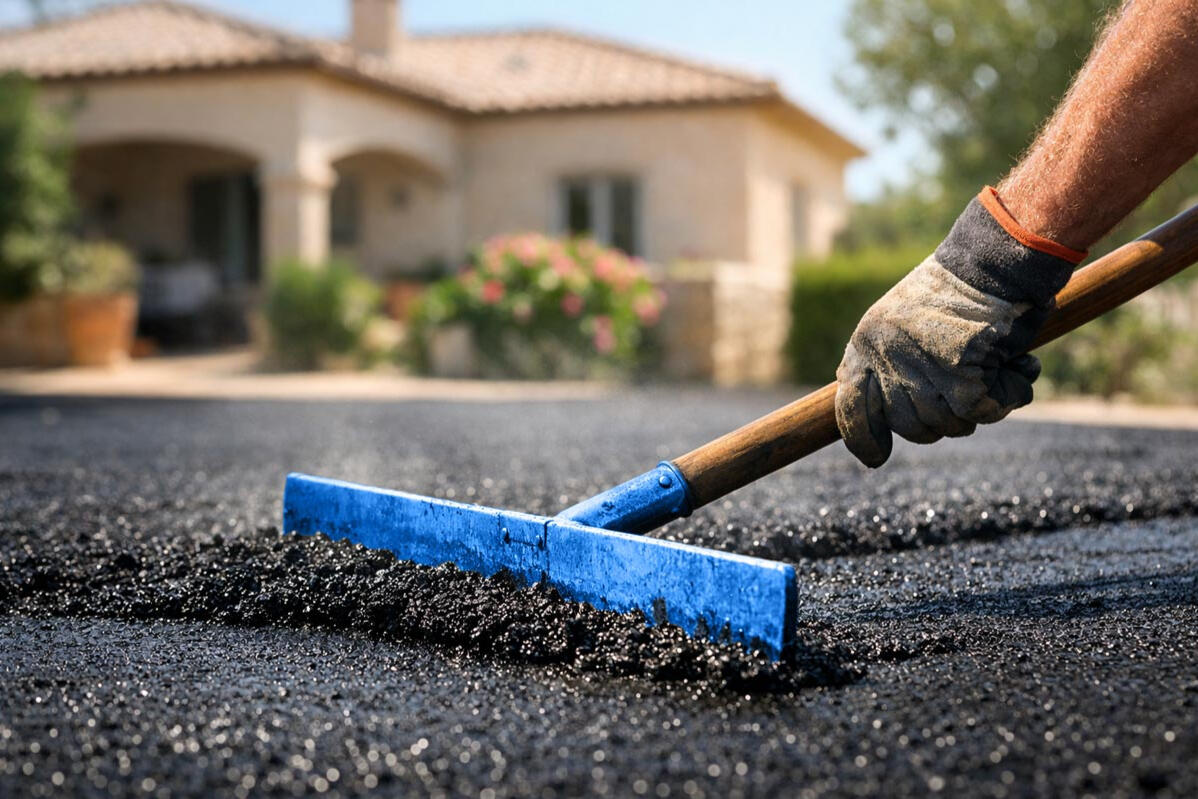 Ouvrier nivelant un enrobé noir fraîchement posé avec une raclette bleue sur l’allée d’une maison du sud de la France